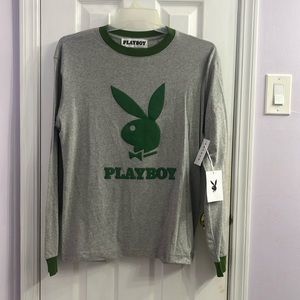 Playboy Mens Logo Tee T-Shirt S Pullover Long Sleeve Crew Neck Gray Green NEW